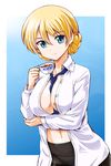  alternate_costume blonde_hair blue_eyes blush breasts cup darjeeling girls_und_panzer highres kumoi_takashi large_breasts looking_at_viewer smile solo st._gloriana's_school_uniform teacup 