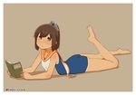  barefoot book brown_eyes brown_hair capriccyo full_body hair_ornament hairclip highres i-401_(kantai_collection) kantai_collection lying on_stomach one-piece_swimsuit ponytail sailor_collar school_swimsuit short_hair simple_background solo swimsuit swimsuit_under_clothes tan tanline translation_request twitter_username 