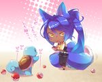  animal_ears blue_hair brown_eyes cellphone chibi dark_skin fox_ears fox_tail gen_1_pokemon halftone halftone_background holding holding_phone long_hair looking_at_another multiple_tails open_mouth original outstretched_arms phone poke_ball pokemon pokemon_(creature) pokemon_go ponytail shaneru smartphone squirtle standing sweatdrop tail translated very_long_hair yellow_eyes 