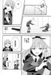  ? ascot bangs blazer chinese closed_eyes comic eyebrows eyebrows_visible_through_hair greyscale gun hair_between_eyes hair_ornament hand_on_own_chest hard_translated highres holding holding_gun holding_weapon jacket kantai_collection kumano_(kantai_collection) long_hair monochrome multiple_girls on_floor open_mouth pleated_skirt pointing ponytail shirt sitting skirt smile speech_bubble standing striped striped_legwear suzuya_(kantai_collection) sweatdrop thighhighs thought_bubble translation_request weapon yomosaka 