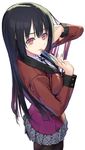  absurdres adjusting_hair bad_id bad_pixiv_id black_hair black_legwear card checkered checkered_skirt eyebrows eyebrows_visible_through_hair face highres hime_cut jabami_yumeko kakegurui light_smile lips long_hair looking_at_viewer nakabayashi_reimei pantyhose parted_lips pleated_skirt red_eyes simple_background skirt solo standing white_background 
