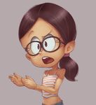  1girl child conoghi eyebrows eyelashes freckles glasses nickelodeon open_mouth ponytail raised_eyebrow ronnie_anne_santiago shadow shiny shiny_hair simple_background solo strap the_loud_house tongue upper_body 