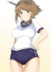  blue_buruma blush breasts brown_hair buruma collar dmm green_eyes gym_uniform hand_on_hip headband headgear kantai_collection large_breasts mocchi mutsu_(kantai_collection) radio_antenna shirt short_hair short_sleeves solo sweatdrop 