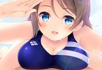  :d blue_eyes blush breast_rest breasts brown_hair competition_swimsuit komone_ushio large_breasts looking_at_viewer love_live! love_live!_sunshine!! lying on_stomach one-piece_swimsuit open_mouth salute short_hair smile solo swimsuit watanabe_you 