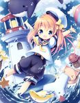  :d aikei_ake arms_up ball belt blonde_hair blue_eyes blush bow cat child fish hair_bow hat highres lighthouse long_hair octopus open_mouth orca original puffy_sleeves sailor_collar shorts sky smile solo splashing squid star water 