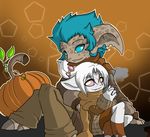  asura autumn beverage blue_eyes blue_hair coffee costume cup dhibb enjoyment expression fall food fruit gaze guild_wars hair humanoid invalid_color kiar love pumpkin purple_eyes romantic_couple scarf season smile twili_z video_games white_hair 