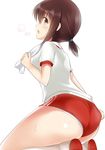  adjusting_buruma adjusting_clothes ass blouse breasts breath brown_eyes brown_hair buruma fubuki_(kantai_collection) gym_uniform kantai_collection looking_at_viewer looking_back low_ponytail mocchi open_mouth panties panties_under_buruma ponytail short_ponytail sitting small_breasts solo sweatdrop towel underwear wariza 