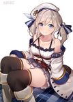  absurdres artist_name bag bare_shoulders beret black_legwear blonde_hair blue_eyes blush boots breasts cleavage closed_mouth coat collarbone commentary_request cucouroux_(granblue_fantasy) eyebrows eyebrows_visible_through_hair granblue_fantasy hair_between_eyes hair_ribbon hat highres knee_boots long_hair long_sleeves looking_at_viewer medium_breasts off_shoulder ribbon shoulder_bag sidelocks sitting skirt smile solo thighhighs twintails white_footwear yaman 