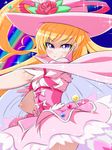  alexandrite_style asahina_mirai blonde_hair cape cure_miracle eyebrows eyebrows_visible_through_hair flower hand_on_hip hat highres konboi-eg long_hair magical_girl mahou_girls_precure! pink_skirt precure purple_eyes rose skirt smile solo witch_hat 