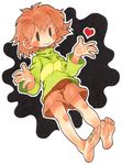  androgynous bare_legs barefoot blush_stickers breasts brown_hair chara_(undertale) feet full_body heart long_sleeves messy_hair oyatsu_(mk2) shirt short_hair shorts small_breasts smile soles solid_oval_eyes solo striped toes turtleneck undertale white_background 