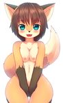  24cakes blue_eyes breast_grab breast_squeeze breasts brown_hair canine covering covering_crotch fox hair hand_on_breast mammal nipples nude sitting 