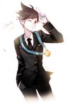  black_neckwear brown_hair catchphrase cropped_legs english highres medal necktie one_eye_closed overwatch salute shell_(shell518) short_hair sketch solo tracer_(overwatch) uniform white_background 