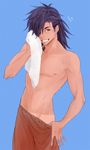  alternate_costume black_hair blue_background blush hair_over_one_eye heart long_hair male_focus navel orange_eyes rokurou_rangetsu shirtless simple_background solo swimsuit tales_of_(series) tales_of_berseria tan teeth towel undressing upper_body yunomizu 