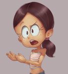  1girl child conoghi eyebrows eyelashes freckles nickelodeon open_mouth ponytail raised_eyebrow ronnie_anne_santiago shadow shiny shiny_hair simple_background solo strap the_loud_house tongue upper_body 