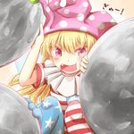  american_flag_dress american_flag_legwear blonde_hair blush clownpiece commentary_request fang frilled_shirt_collar frills hat jester_cap long_hair looking_at_viewer open_mouth pantyhose pink_hair polka_dot short_sleeves solo star star_print striped striped_legwear tamasan tears touhou 