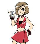  black_eyes breasts brown_hair can cleavage collar cowboy_shot crop_top hand_on_hip holding holding_can index_finger_raised mary_cagle medium_breasts meiko midriff navel one_eye_closed red_skirt short_hair simple_background skirt sleeveless smile solo vocaloid white_background wristband 