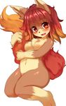  24cakes blush breasts canine cute fox hair happy mammal nipples nude red_eyes red_hair sitting smile tail_hug 
