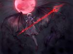  fangs glowing glowing_eyes hat highres ikki_day moon polearm purple_hair red_footwear red_moon remilia_scarlet shoes solo spear touhou weapon white_legwear wings 