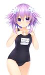  1girl archway_of_venus blue_sukumizu blue_swimsuit blush choujigen_game_neptune cowboy_shot hair_ornament hairclip idea_factory kaguyuu neptune_(choujigen_game_neptune) neptune_(series) one-piece_swimsuit purple_eyes purple_hair short_hair solo sukumizu swimsuit thigh_gap translation_request transparent_background 