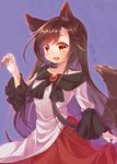  :3 :d animal_ears artist_name bangs blouse blue_background brown_eyes brown_hair character_name collarbone eyebrows eyebrows_visible_through_hair fingernails highres imaizumi_kagerou long_fingernails long_hair long_sleeves open_mouth red_skirt shaneru signature simple_background skirt skirt_hold smile solo swept_bangs tail touhou translated very_long_hair white_blouse wolf_ears wolf_tail 