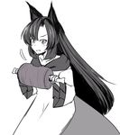  1girl animal_ears blush boned_meat d: dress eating fang food ganmaganmo greyscale imaizumi_kagerou long_dress long_hair long_sleeves looking_at_viewer meat monochrome open_mouth slit_pupils solo surprised sweat touhou tsurime v-shaped_eyebrows very_long_hair wolf_ears 