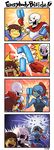  1girl 4koma =_= androgynous anger_vein art_shift artist_name blush_stickers bone brown_hair comic eyepatch food frisk_(undertale) gloves head_fins papyrus_(undertale) ponytail popsicle red_gloves red_hair sachy_(sachichy) scarf sharp_teeth shirt silent_comic skeleton striped striped_shirt sweat tank_top teeth undertale undyne you're_doing_it_wrong 