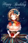  1girl apple artist_request birthday blue_background blush bow bracelet brown_hair crown eyes_closed food fruit hair_bow hairband happy_birthday highres holding holding_food jewelry koizumi_hanayo looking_at_viewer love_live! love_live!_school_idol_project mini_crown pearl_(gemstone) pearl_bracelet purple_eyes ribbon short_hair smile solo striped striped_legwear vertical-striped_legwear vertical_stripes 