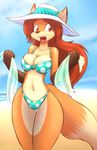  anthro beach beige_belly bikini breasts canine cheek_tuft cleavage clothed clothing dipstick_tail female fox fur gloves_(marking) hair hat long_hair mammal markings multicolored_tail orange_body orange_fur outside red_hair seaside smile solo standing swimsuit tgwonder thigh_gap tuft wide_hips 