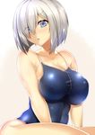  blue_eyes breasts competition_school_swimsuit eyes_visible_through_hair hair_ornament hair_over_one_eye hairclip hamakaze_(kantai_collection) kantai_collection large_breasts one-piece_swimsuit saintshiro shiny shiny_clothes short_hair silver_hair sitting solo swimsuit 