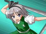  :o black_hairband black_ribbon blue_eyes commentary_request green_skirt green_vest hair_ribbon hairband holding holding_sword holding_weapon honda_takaharu incoming_attack jpeg_artifacts katana konpaku_youmu looking_at_viewer lowres open_mouth parody puffy_short_sleeves puffy_sleeves ribbon short_hair short_sleeves silver_hair skirt skirt_set solo star_ocean star_ocean_ex star_ocean_the_second_story sword touhou upper_body v-shaped_eyebrows vest weapon 