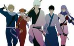  3boys black_hair blonde_hair blue_eyes bokken bun_cover chinese_clothes closed_umbrella double_bun facial_hair gb_(doubleleaf) gintama glasses hadanugi_dousa hair_over_eyes hattori_zenzou japanese_clothes kagura_(gintama) katana kimono long_hair long_sleeves mole mole_under_eye multiple_boys multiple_girls okita_sougo orange_hair purple_eyes purple_hair red-framed_eyewear red_eyes rope sakata_gintoki sarutobi_ayame scarf short_hair short_sleeves silver_hair simple_background sword umbrella weapon white_background wooden_sword 