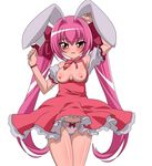  1girl animal_ears bow breasts breasts_outside bunny_ears cropped_legs di_gi_charat dress frills hair_bow hands_up long_hair looking_at_viewer nipples open_mouth panties pink_hair pink_panties red_bow red_dress red_eyes simple_background solo standing twintails usada_hikaru wavy_mouth white_background 