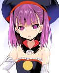  bare_shoulders detached_collar detached_sleeves fate/grand_order fate_(series) hand_on_hip hat helena_blavatsky_(fate/grand_order) looking_at_viewer parted_lips purple_eyes purple_hair sen_(astronomy) short_hair simple_background solo white_background white_sleeves 