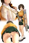  ass bow_(weapon) breasts brown_eyes brown_hair character_sheet covered_nipples fat_mons flight_deck from_below fundoshi geta head_out_of_frame highres hiryuu_(kantai_collection) holding holding_weapon japanese_clothes kantai_collection kimono large_breasts multiple_views nipples no_bra open_mouth partially_visible_vulva pleated_skirt sandals see-through shadow short_hair side_ponytail skirt smile tabi wa_(genryusui) weapon white_background white_legwear yumi_(bow) 