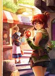  2015 2boys apple artist_name awning barrel black_shorts cat eating el_(mushboom) food fruit highres holding holding_food hood hood_down multiple_boys original outdoors plant potion pouch red_eyes red_hair robe shorts sign stairs storefront 
