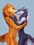  &lt;3 2016 animal_genitalia balls breasts cute daryabler eyes_closed female forked_tongue fur grey_fur happy hug love male sergal sheath side_view simple_background smile standing tongue yellow_fur 