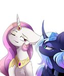  2016 annoyed blue_eyes blue_feathers blue_fur blue_hair duo equine feathered_wings feathers female feral friendship_is_magic fur hair horn jewelry lyra-senpai magnaluna mammal multicolored_hair my_little_pony necklace one_eye_closed princess_celestia_(mlp) princess_luna_(mlp) simple_background unicorn white_background white_fur winged_unicorn wings 
