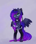 2016 anthro blue_hair clothed clothing crown cutie_mark equine feathered_wings feathers female friendship_is_magic fur green_eyes grey_background grey_feathers grey_fur hair horn jewelry legwear looking_at_viewer lyra-senpai magnaluna mammal my_little_pony necklace princess_luna_(mlp) simple_background smile socks solo winged_unicorn wings 