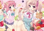  2girls blush bow brown_eyes brown_hair cake drink fang food fruit kneehighs long_hair momo_irone orange_(fruit) original pink_hair purple_eyes ribbons seifuku strawberry twintails wristwear 