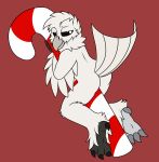  2018 ambiguous_gender anthro avian beak bird black_eyes butt candy candy_cane christmas crisstail feathers feet fluffy food holidays inviting leg_tuft looking_at_viewer looking_back male martin_(anxiousavian) neck_tuft nude owl presenting prosthetic raised_tail red_background simple_background solo tail_feathers talons toes tuft white_feathers winged_arms wings 