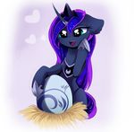  &lt;3 2016 blue_eyes blue_fur blue_hair crown egg equine female feral friendship_is_magic fur hair happy hay horn jewelry lyra-senpai magnaluna mammal my_little_pony necklace open_mouth princess_luna_(mlp) simple_background solo unicorn white_background 