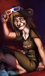  3d_glasses 5_fingers anthro barefoot black_lips black_nose breasts brown_eyes brown_hair clothed clothing eyebrows feline female fluffy hair long_hair mammal sitting slim smile solo ulitochka 