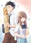  1girl agetake bag baguette black_hair bread brown_hair food highres ishida_shouya koe_no_katachi long_hair necktie nishimiya_shouko paper_bag school_uniform short_hair slice_of_bread 