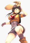  backpack bag baseball_cap blush breasts brown_eyes brown_hair cleavage commentary_request eevee female_protagonist_(pokemon_go) fingerless_gloves gen_1_pokemon gloves hat highres holding jovejun large_breasts long_hair long_sideburns open_mouth poke_ball pokemon pokemon_(creature) pokemon_go simple_background tsubomioka_happa 