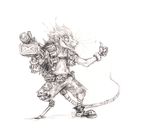  2016 alternate_species anthro bandage belt black_and_white blizzard clothed clothing explosives gloves grenade hi_res junkrat_(overwatch) kenket male mammal mechanical_arm monochrome overwatch pants pegleg pencil_(artwork) pouch ranged_weapon rat rocket_launcher rodent simple_background sketch smile solo teeth thumbs_up topless traditional_media_(artwork) video_games weapon white_background 