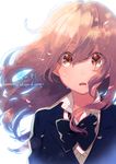  bow bowtie brown_eyes brown_hair cardigan copyright_name crying crying_with_eyes_open eyebrows eyebrows_visible_through_hair koe_no_katachi long_hair momoiro_oji nishimiya_shouko open_mouth school_uniform solo tears 