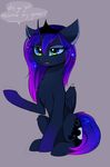  2016 bat_pony blue_feathers blue_fur blue_hair crown cutie_mark english_text equine feathered_wings feathers female feral friendship_is_magic fur green_eyes grey_background hair horn hybrid lyra-senpai magnaluna mammal my_little_pony princess_luna_(mlp) simple_background solo text winged_unicorn wings 