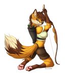  2013 anthro bow_(weapon) breasts brown_hair canine clothed clothing female fox furgonomics hair kneeling looking_back mammal ranged_weapon red_fox silvixen simple_background solo weapon white_background 
