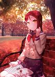  autumn autumn_leaves beamed_eighth_notes bench birthday bow bowtie digital_media_player double-breasted earphones hair_ornament hairclip happy_birthday ipod long_hair long_sleeves looking_at_viewer love_live! love_live!_sunshine!! marshall_(wahooo) mechanical_pencil musical_note park_bench pencil red_hair sakurauchi_riko school_uniform serafuku sheet_music single_earphone_removed sitting smile solo tree uranohoshi_school_uniform writing yellow_eyes 