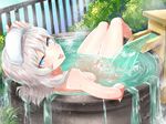  :p adachi_(nogami_nono) bangs bath blue_eyes blush breasts day girls_und_panzer highres holding itsumi_erika long_hair looking_at_viewer looking_back medium_breasts nude outdoors partially_submerged sideboob silver_hair sitting solo tongue tongue_out towel towel_on_head water wet 